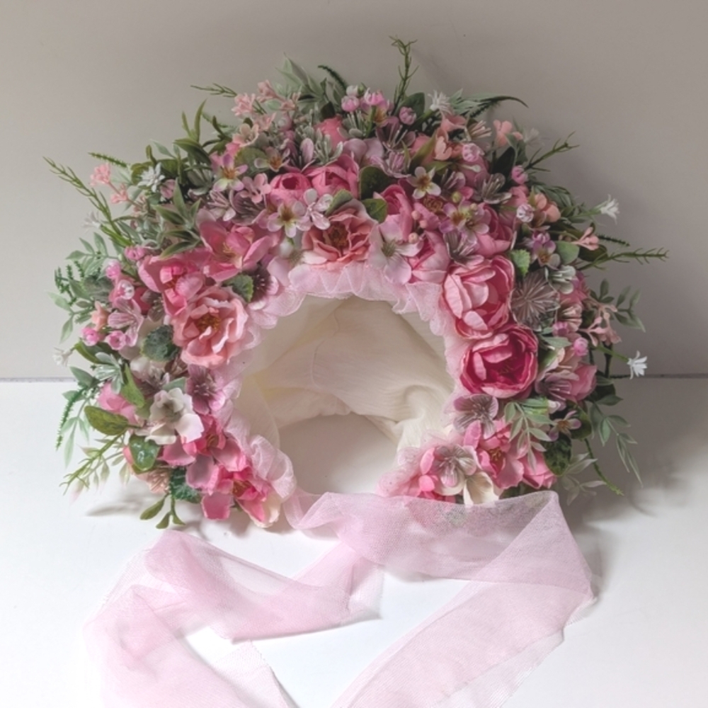 Childs Floral Pink Bonnet with Ribbon